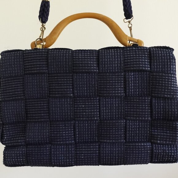Bertini M&G Italy Dark Blue Woven Strap Handbag Vintage 80s - Picture 5 of 10